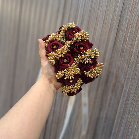 Maroon Rose Floral Bangle (Gajra) with Golden Accents