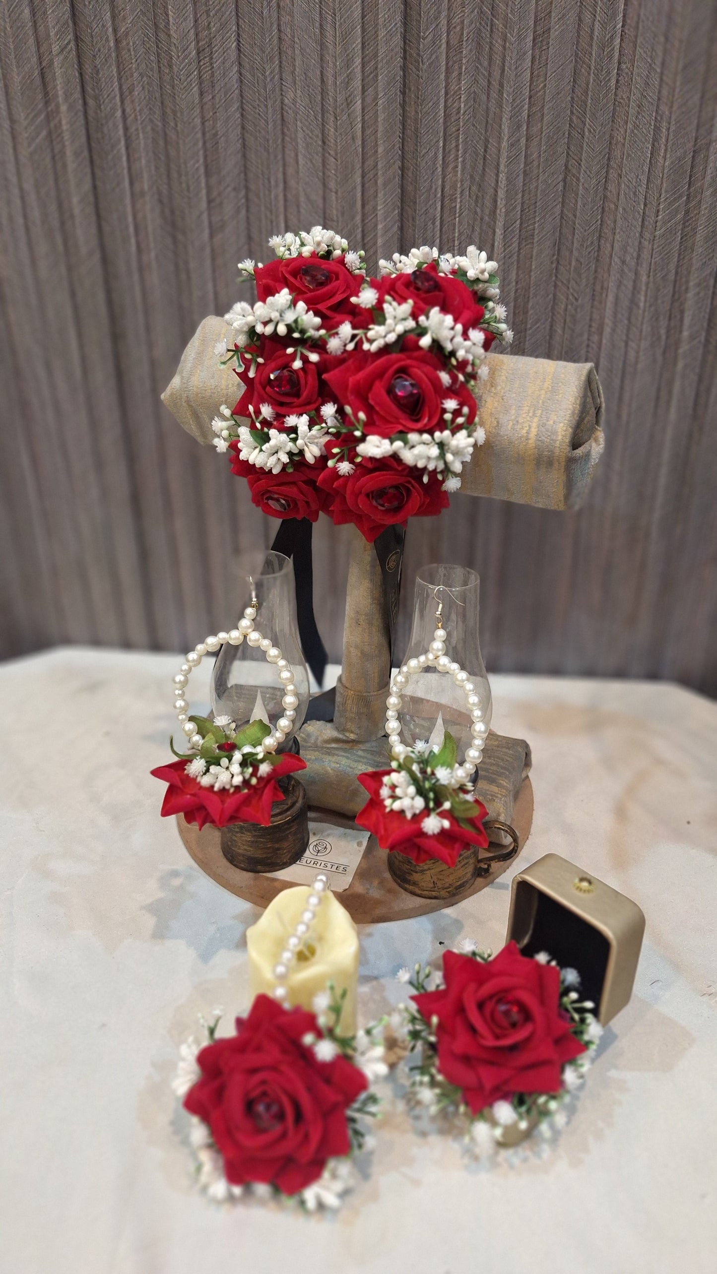 Elegant Red Rose & Pearl Floral Jewelry Set