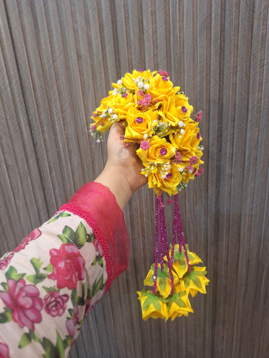 Vibrant Yellow Rose Hair Gajra with Purple Beaded Hangings