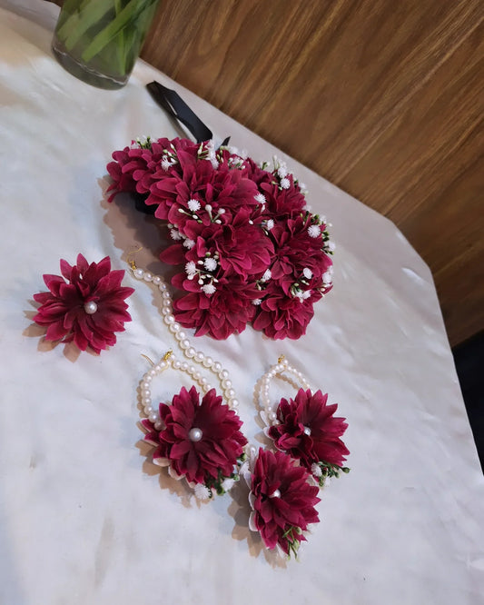 Handcrafted Maroon Floral Jewellery Set with Pearl Accents