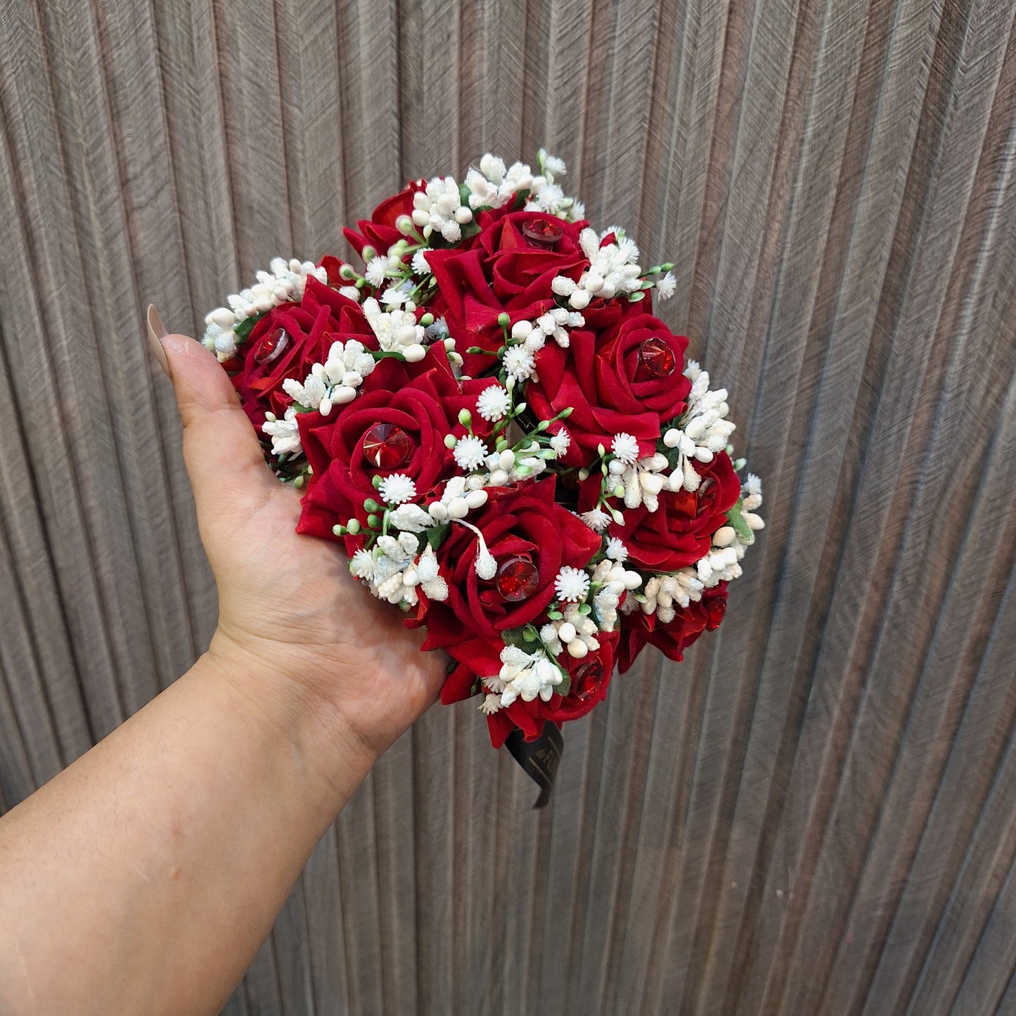 Elegant Crimson Rose & White Bud Floral Gajra (Pair)