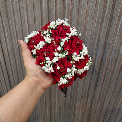 Elegant Crimson Rose & White Bud Floral Gajra (Pair)