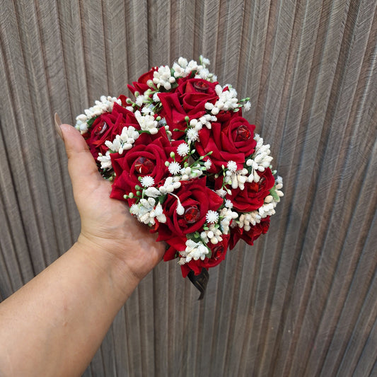 Elegant Crimson Rose & White Bud Floral Gajra (Pair)