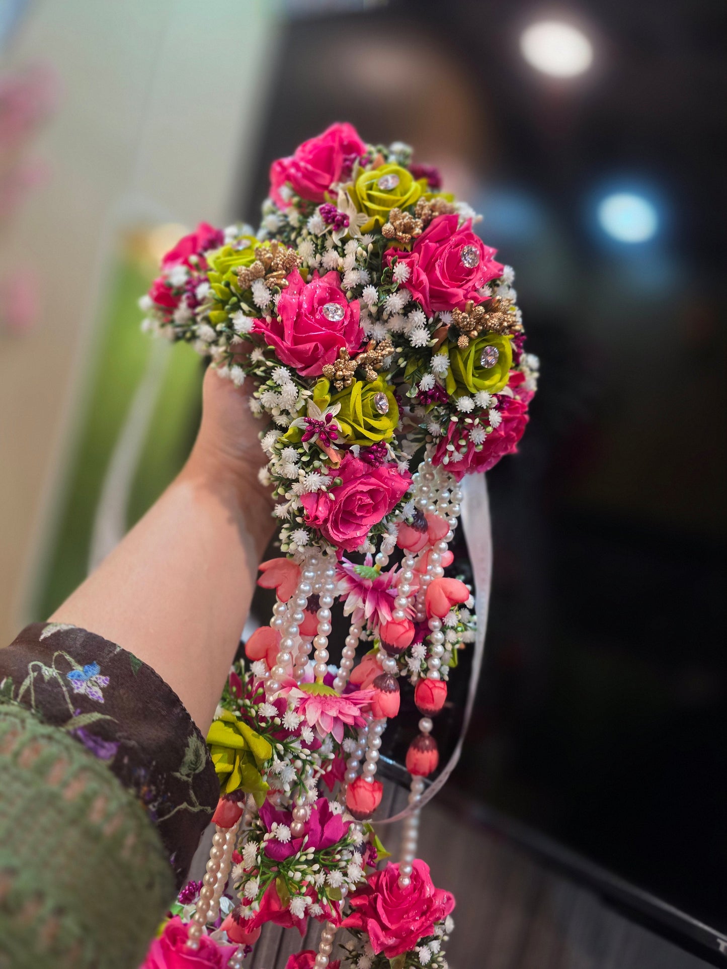 Pink Rose & Pearl Tassel Floral Hanging (Kali)