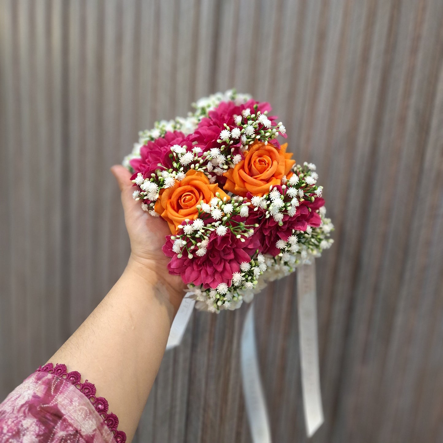 Vibrant Pink & Orange Floral Gajra with Baby’s Breath