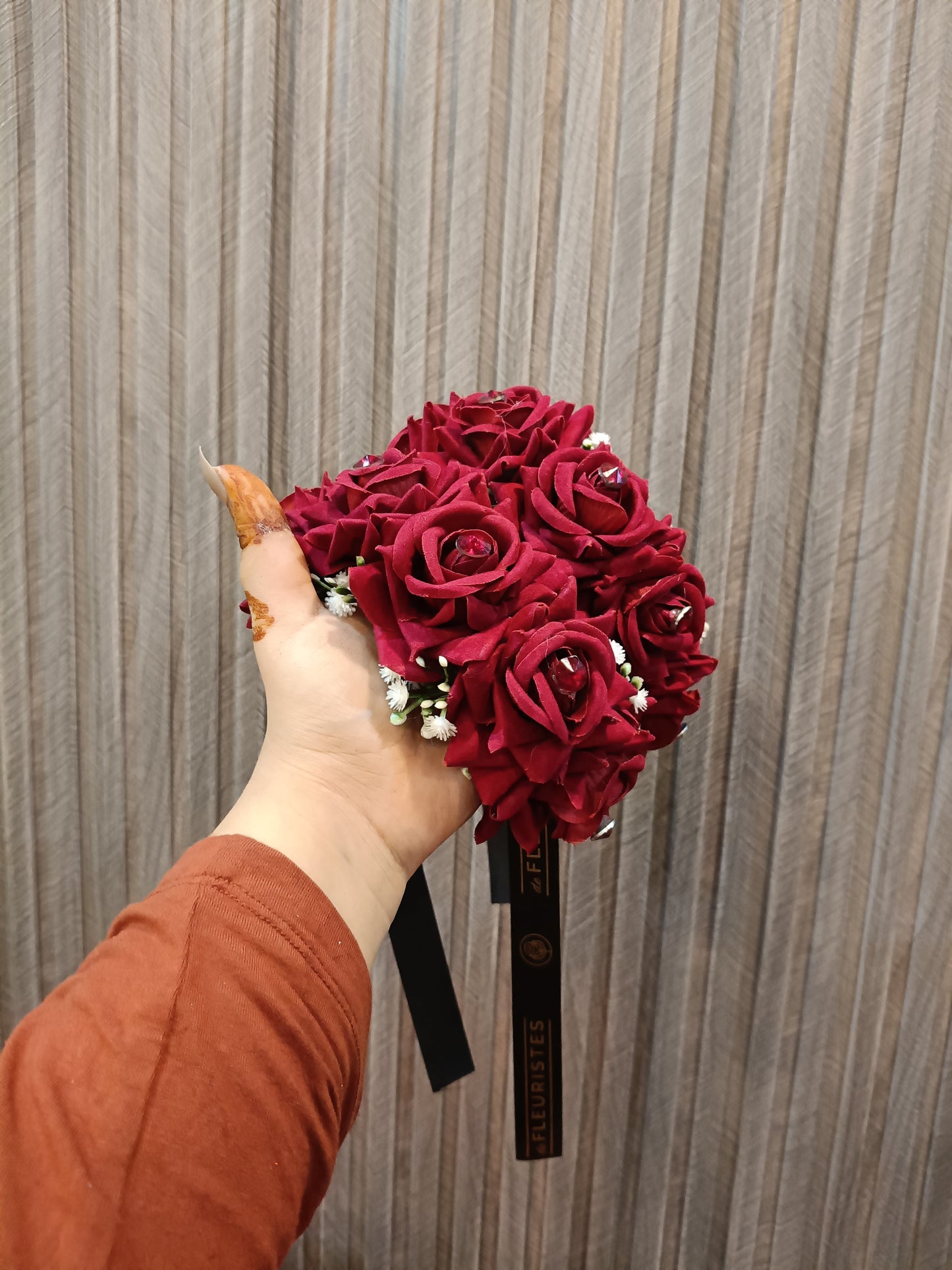 Elegant Maroon Velvet Rose Hand Bouquet with Crystal Centers
