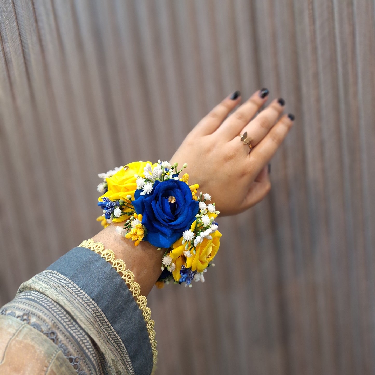 Royal Blue and Vibrant Yellow Rose Wrist Corsage