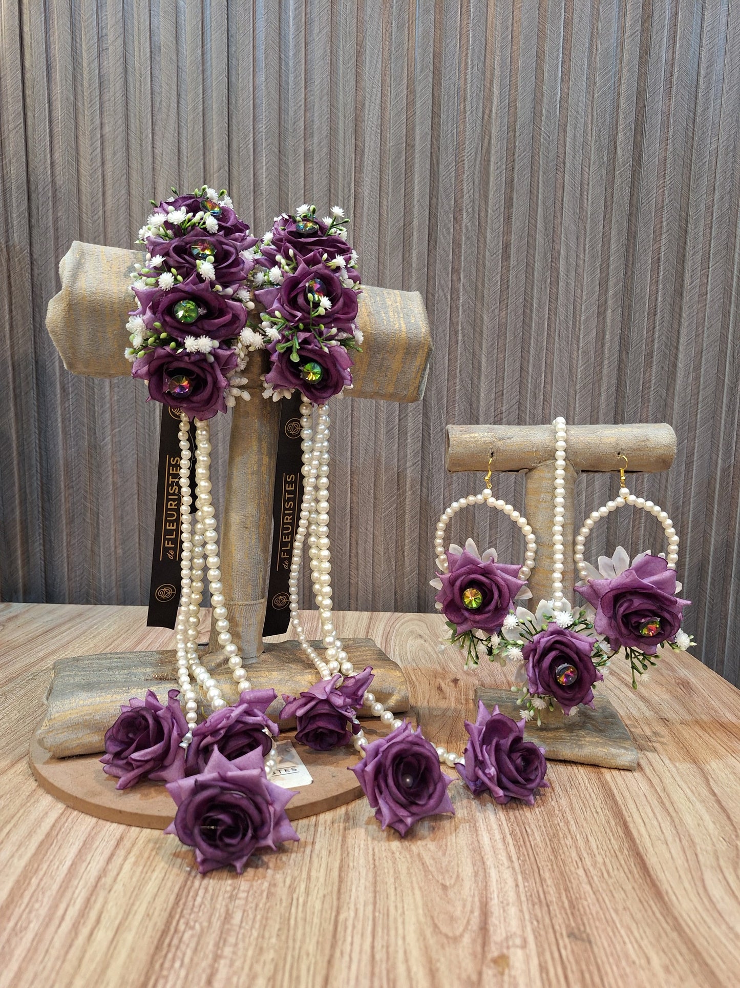 Handcrafted Deep Purple Rose Floral Jewelry Set with Pearl Hangings
