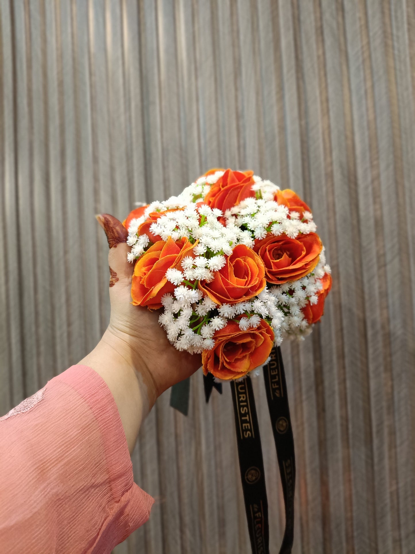 Vibrant Orange Rose & Baby’s Breath Hand Bouquet