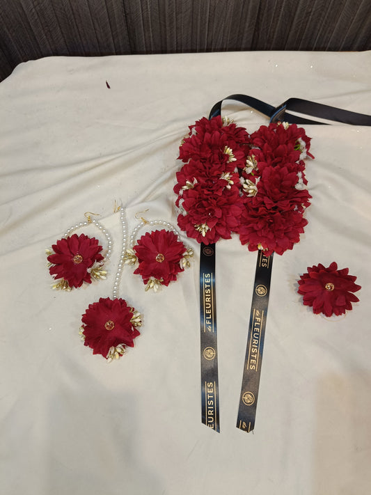 Deep Maroon Floral Jewelry Set with Pearl Accents