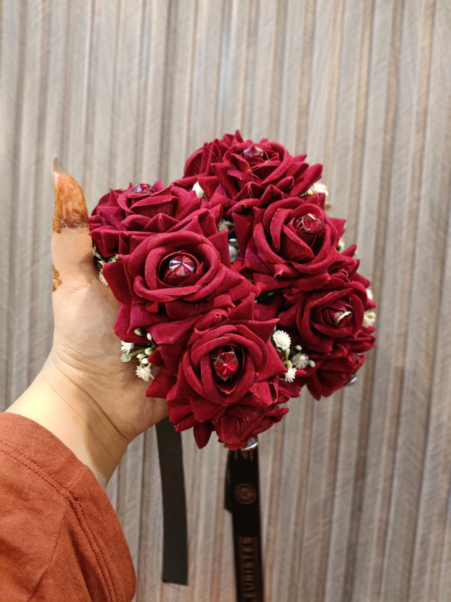 Elegant Maroon Velvet Rose Hand Bouquet with Crystal Centers