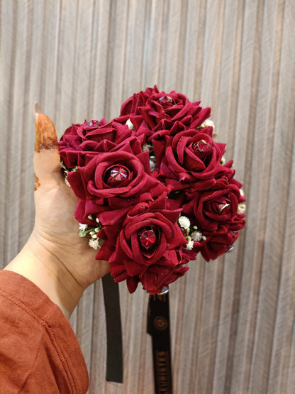 Elegant Maroon Velvet Rose Hand Bouquet with Crystal Centers