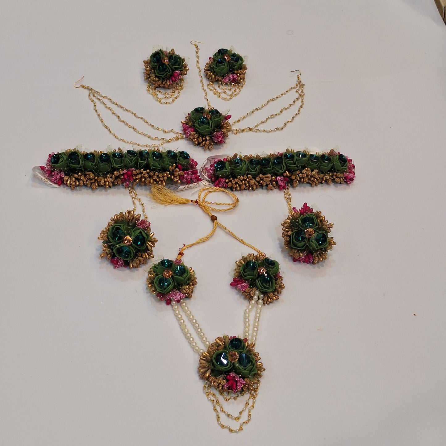 Emerald Green & Magenta Floral Jewellery Set with Pearl Accents
