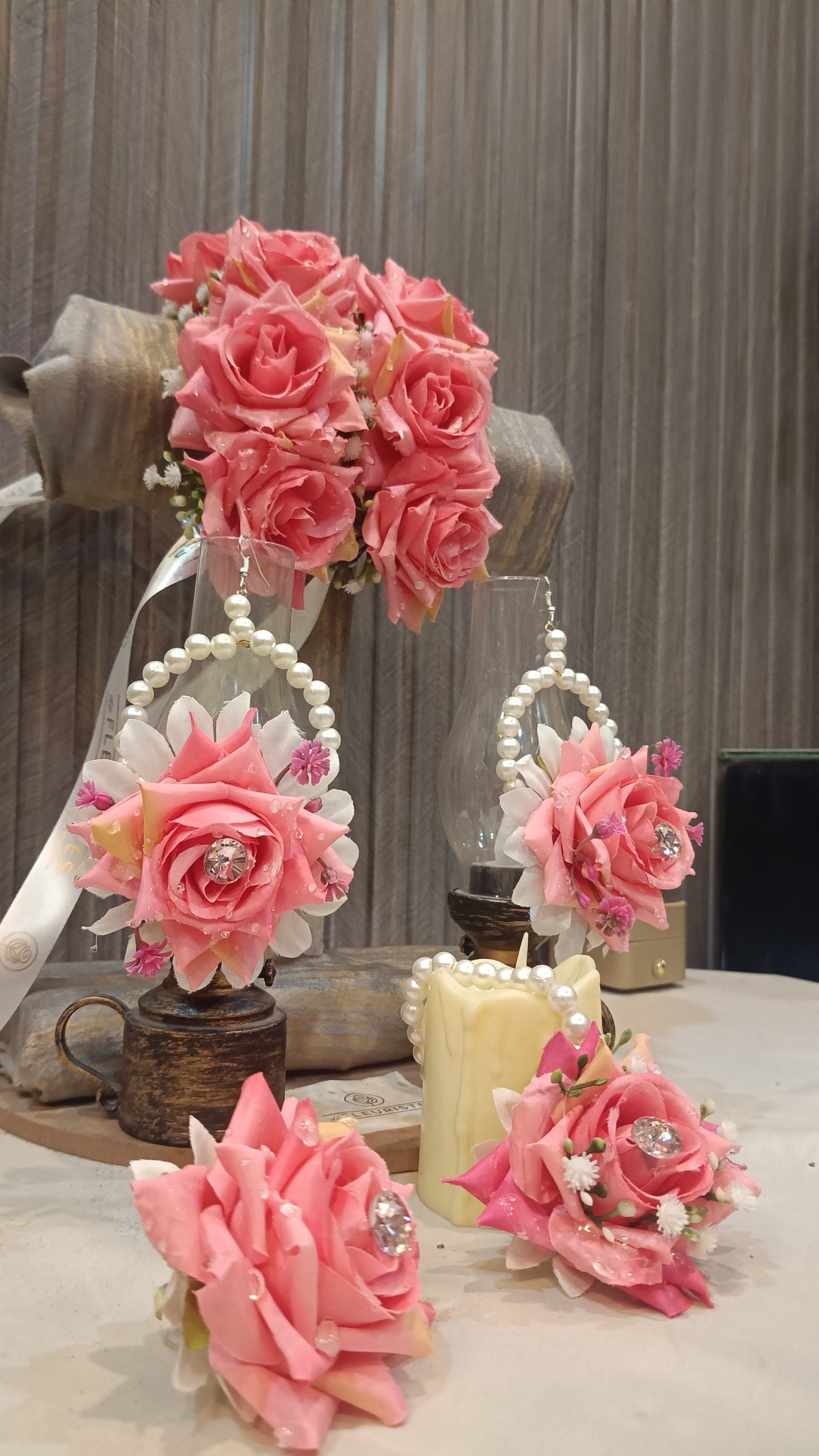 Elegant Pink Rose Floral Jewellery Set with Pearls & Crystals