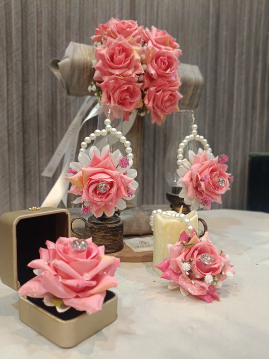 Elegant Pink Rose Floral Jewellery Set with Pearls & Crystals