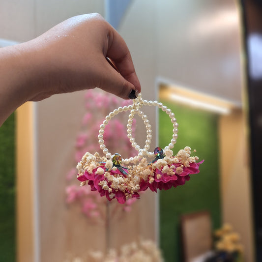 Handcrafted Pearl Hoop Floral Earrings with Pink Petals