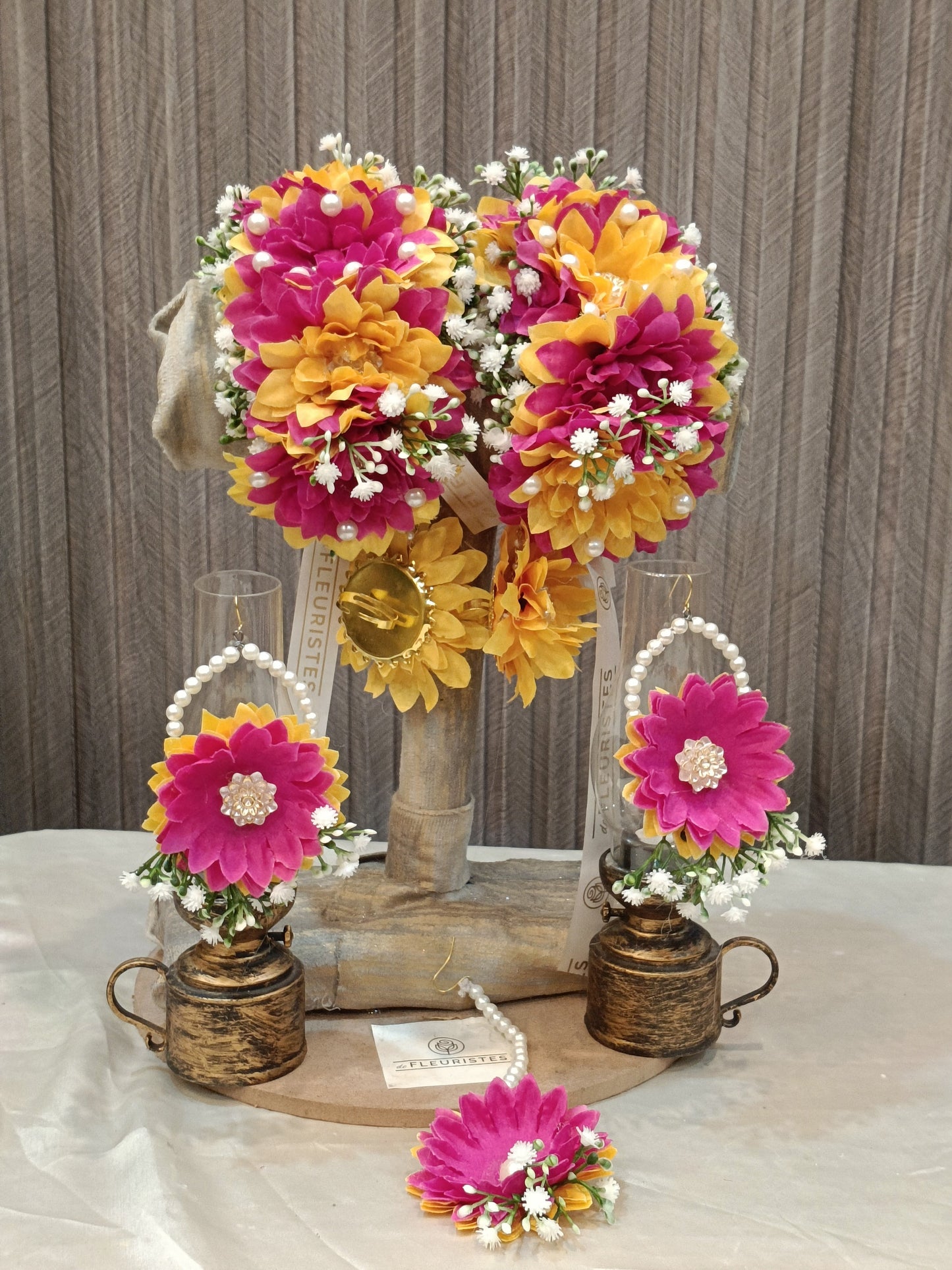 Handmade Pink and Yellow Floral Jewelry Set with Pearls