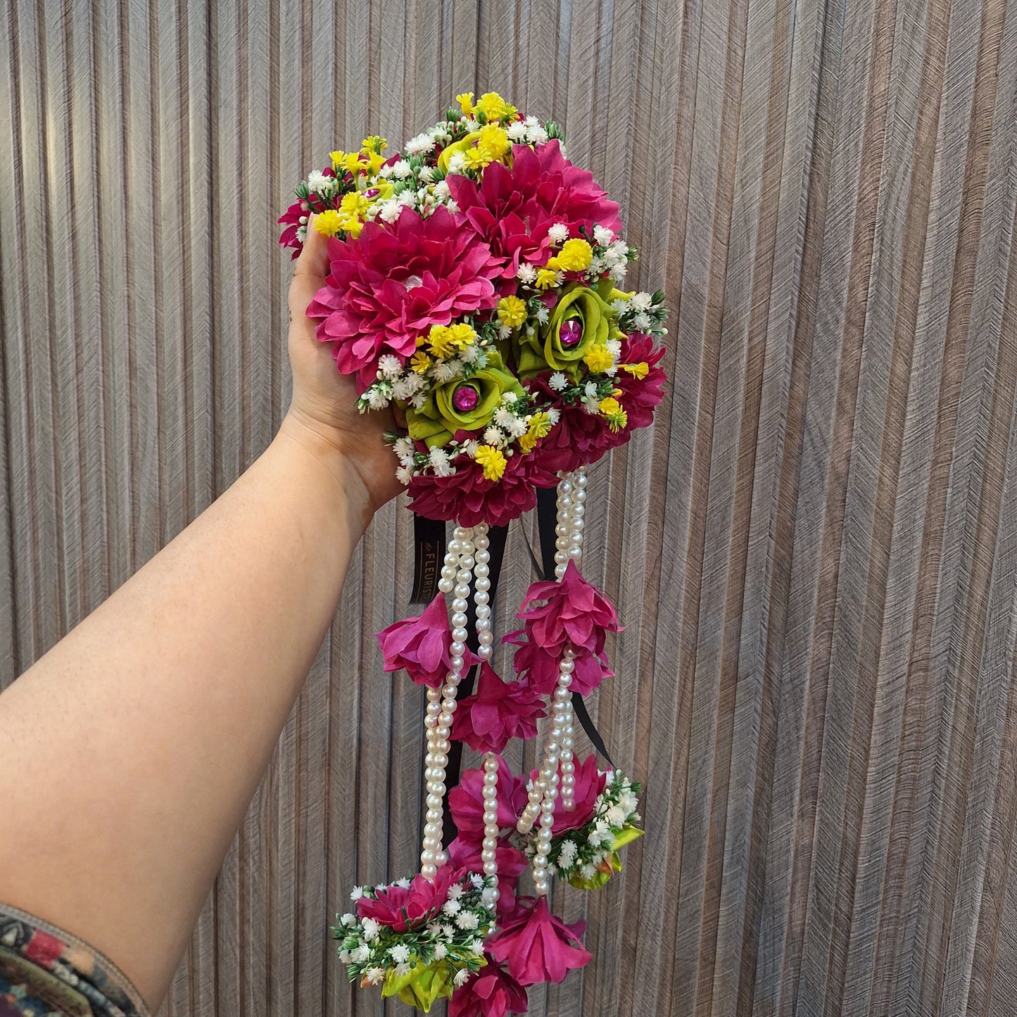 Handcrafted Magenta & Lime Green Floral Jewellery Set with Pearl Accents