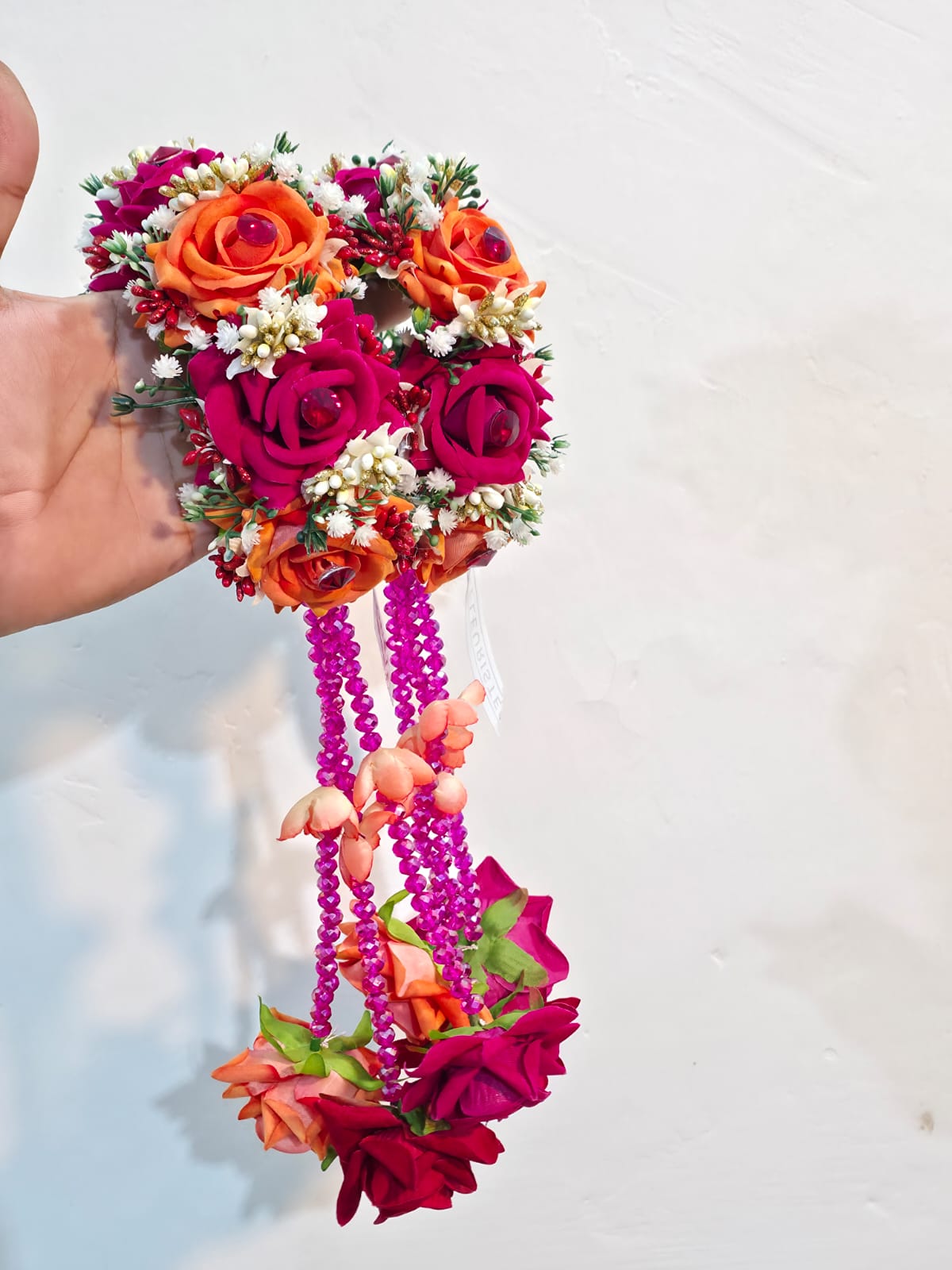 Vibrant Orange & Magenta Floral Jewellery Set with Heavy Gajray
