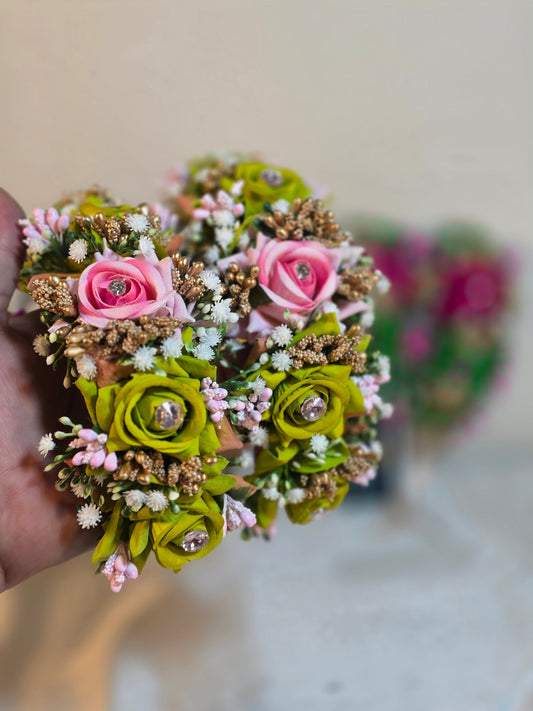 Elegant Pink & Lime Green Floral Wrist Corsage Set