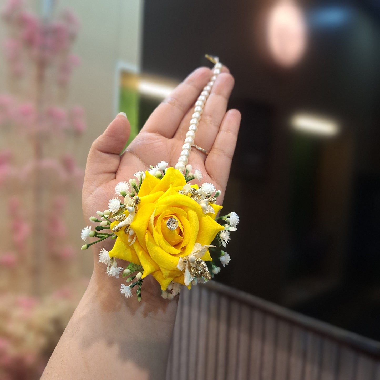 Sunshine Yellow Rose Bridal Gajra with Diamante Accents