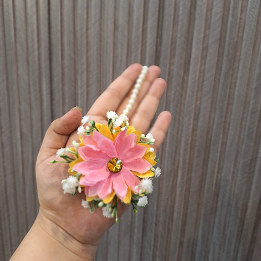 Elegant Pink and Yellow Floral Maang Tikka with Pearl Chain