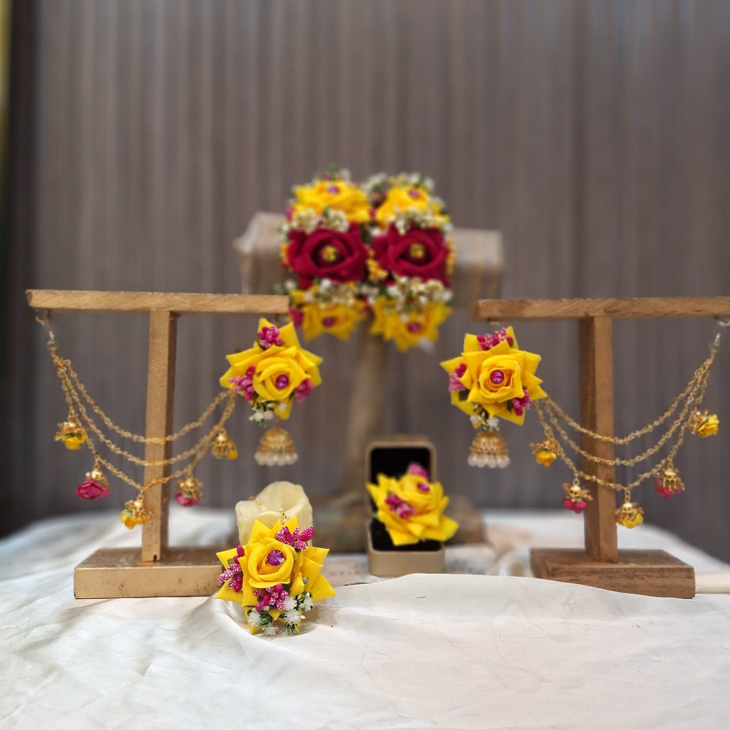 Handcrafted Yellow & Maroon Floral Jewellery Set with Jhumka Earrings