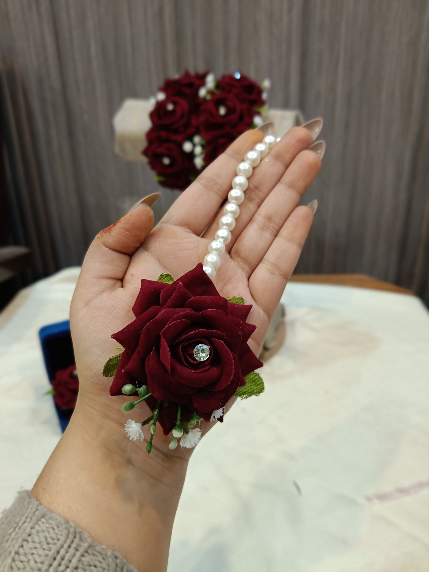 Handcrafted Deep Red Rose Floral Jewelry Set with Pearl Accents
