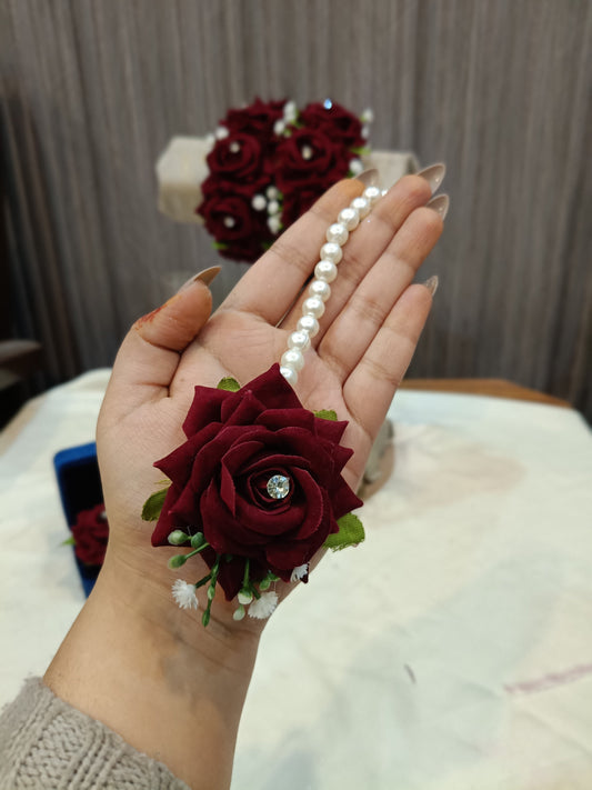 Handcrafted Deep Red Rose Floral Jewelry Set with Pearl Accents