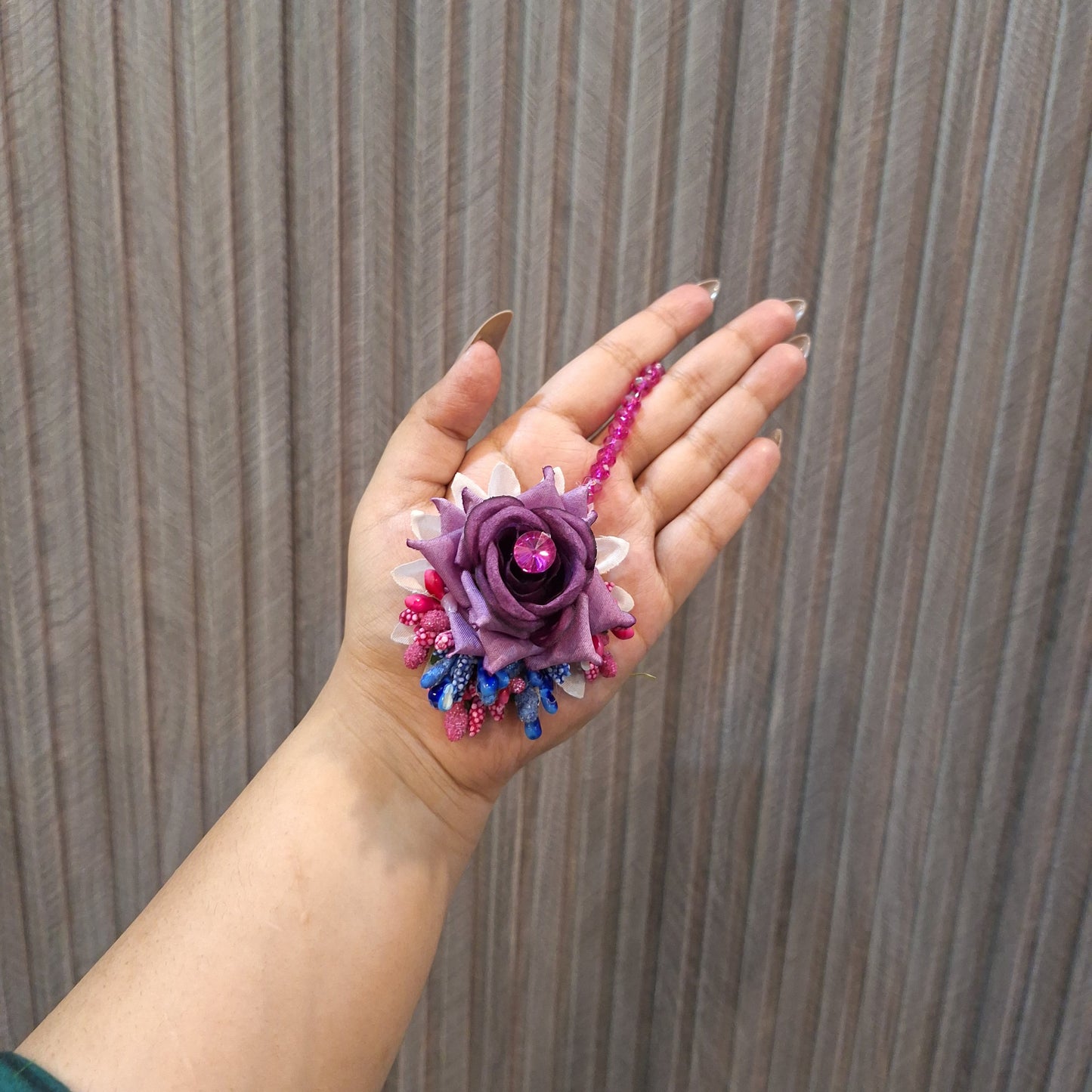 Handmade Purple Rose Floral Maang Tikka with Pink & Blue Bead Accents
