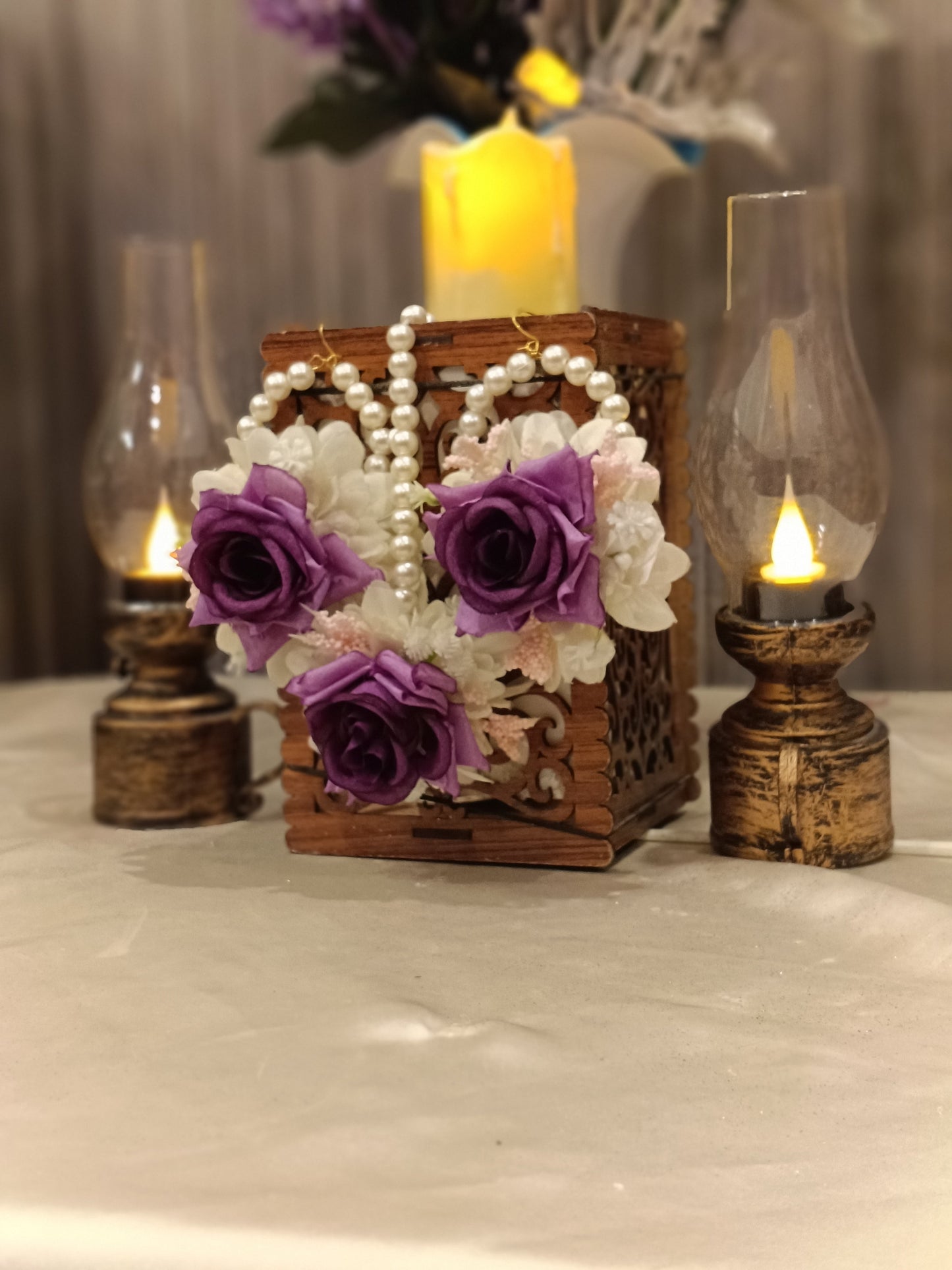 Royal Purple Rose & Pearl Wooden Keepsake Box