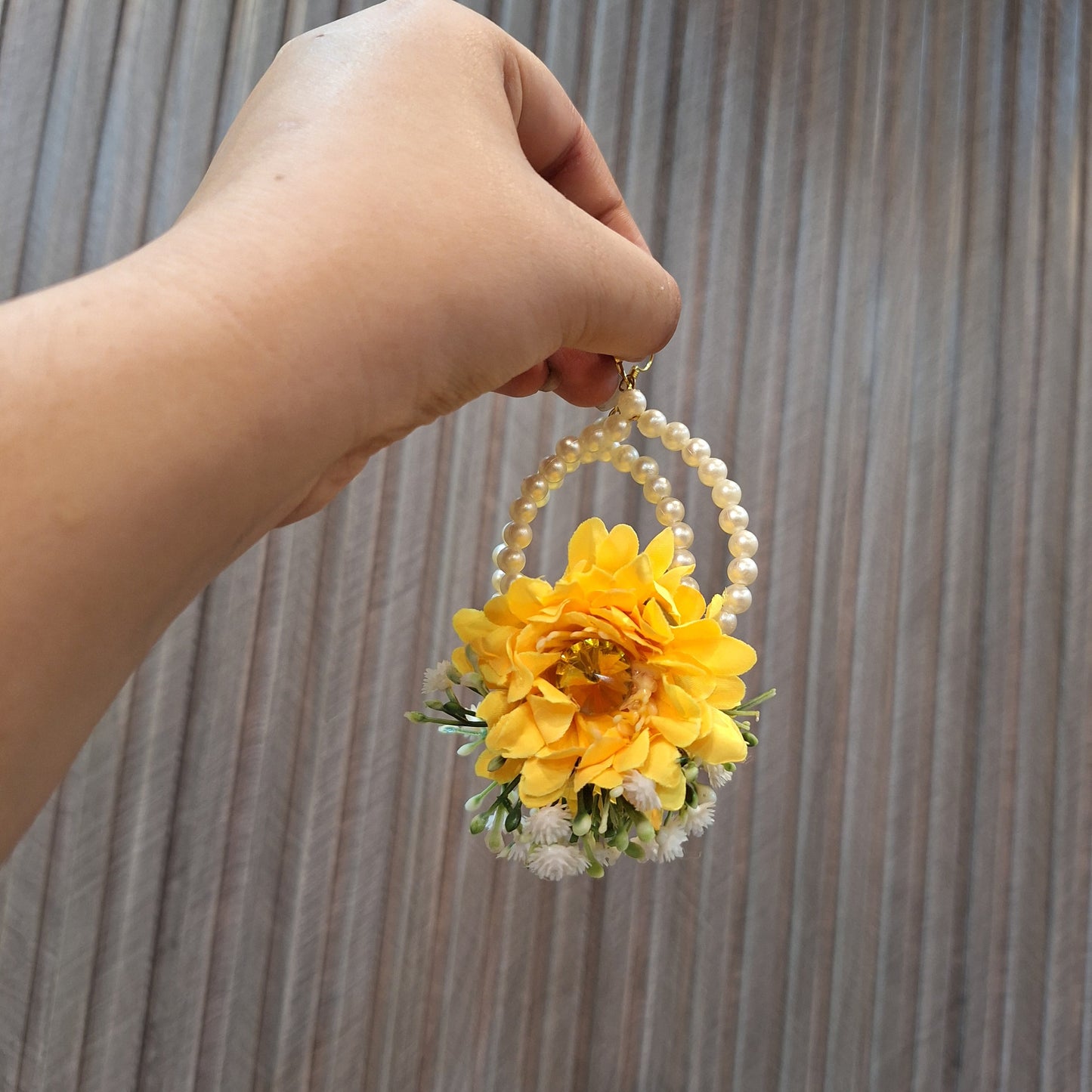 Handmade Yellow Floral Gaira with Pearl Hoop Accents
