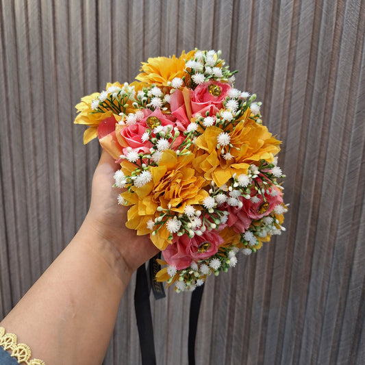 Elegant Pink & Yellow Floral Hair Gadjra with Crystal Accents
