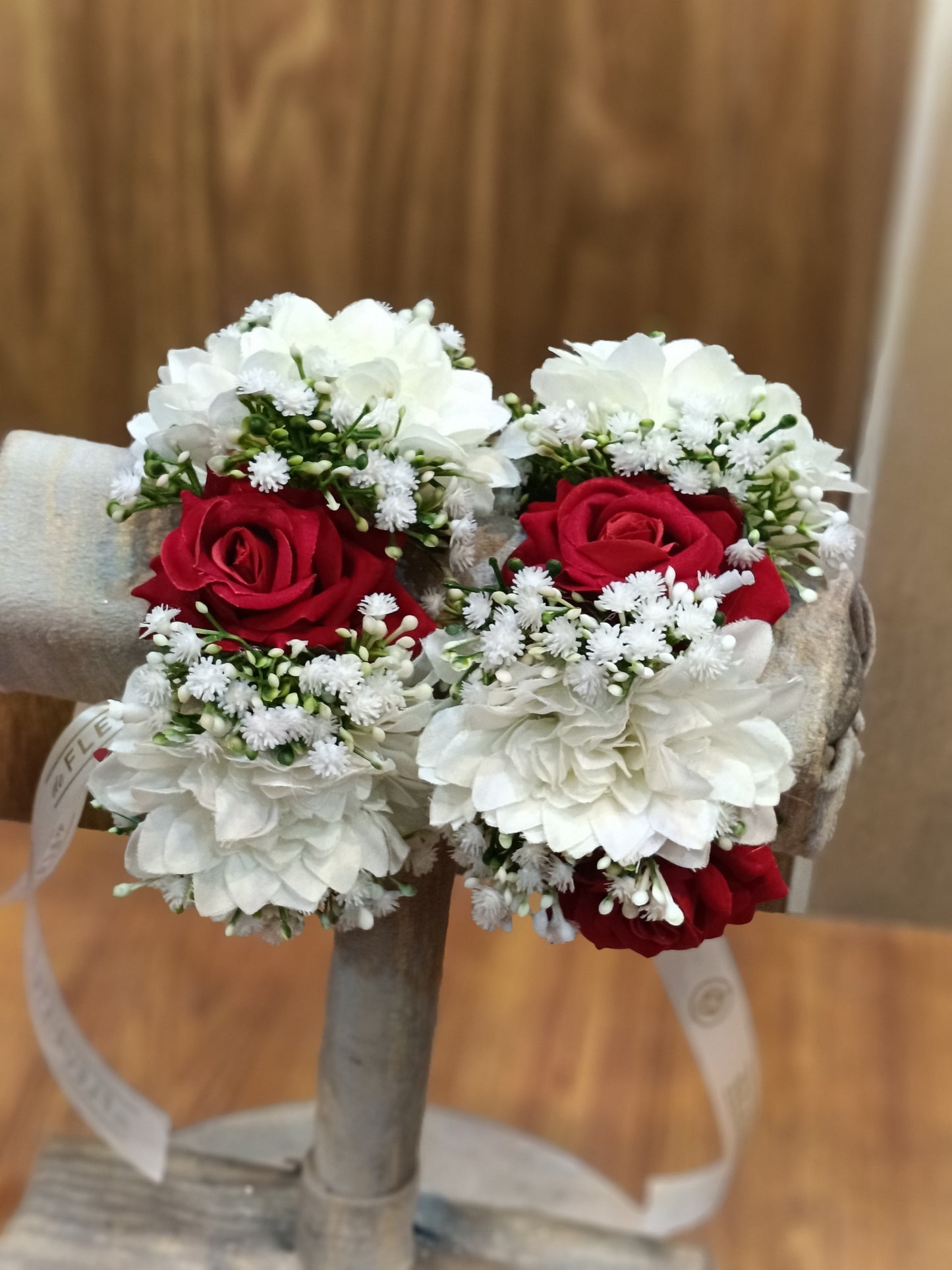 Elegant Red Rose & White Floral Wrist Corsage Pair