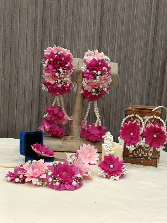 Pink & Magenta Floral Jewelry Set with Pearl Accents