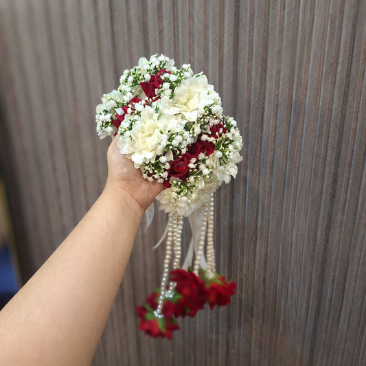 White Dalia & Red Rose Floral Gajra with Pearl Hangings