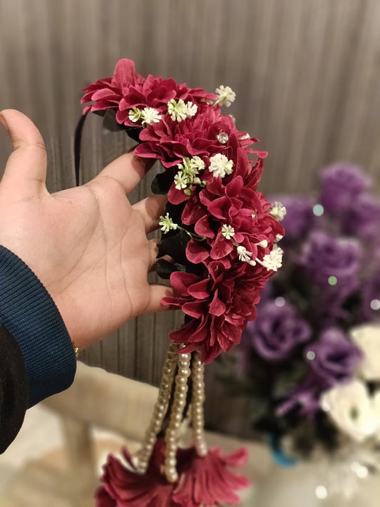 Maroon Floral Jewellery Set with Pearl Hangings