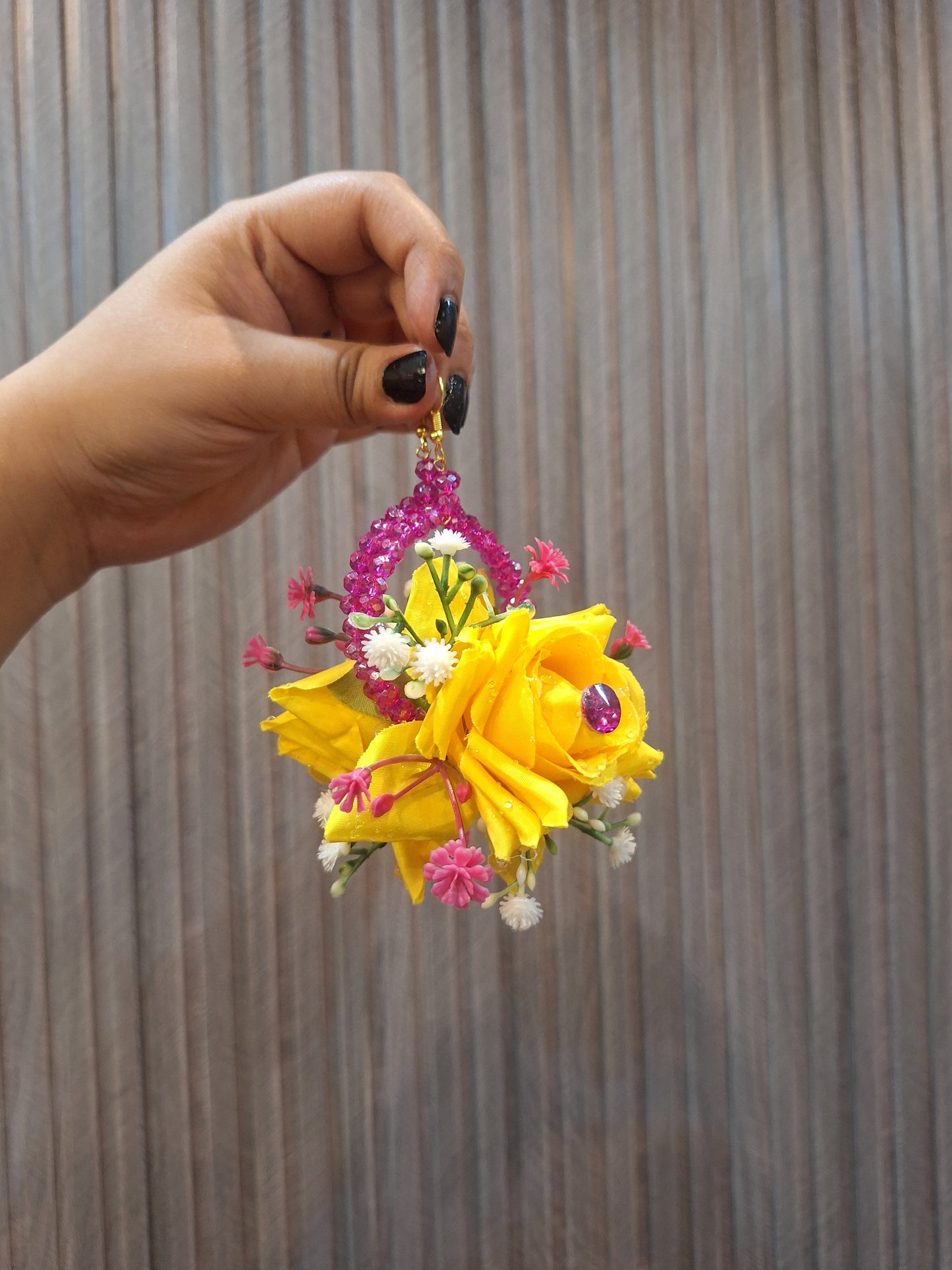 Vibrant Yellow Rose Hair Gajra with Purple Beaded Hangings
