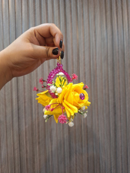 Vibrant Yellow Rose Hair Gajra with Purple Beaded Hangings