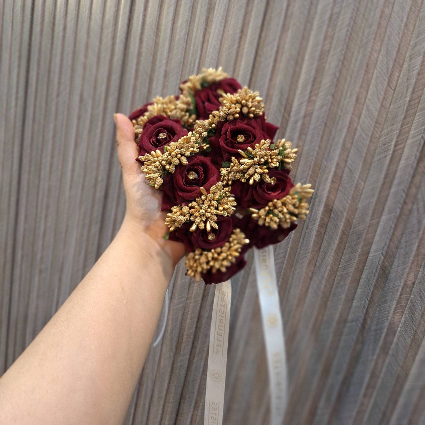 Maroon Rose Floral Bangle (Gajra) with Golden Accents