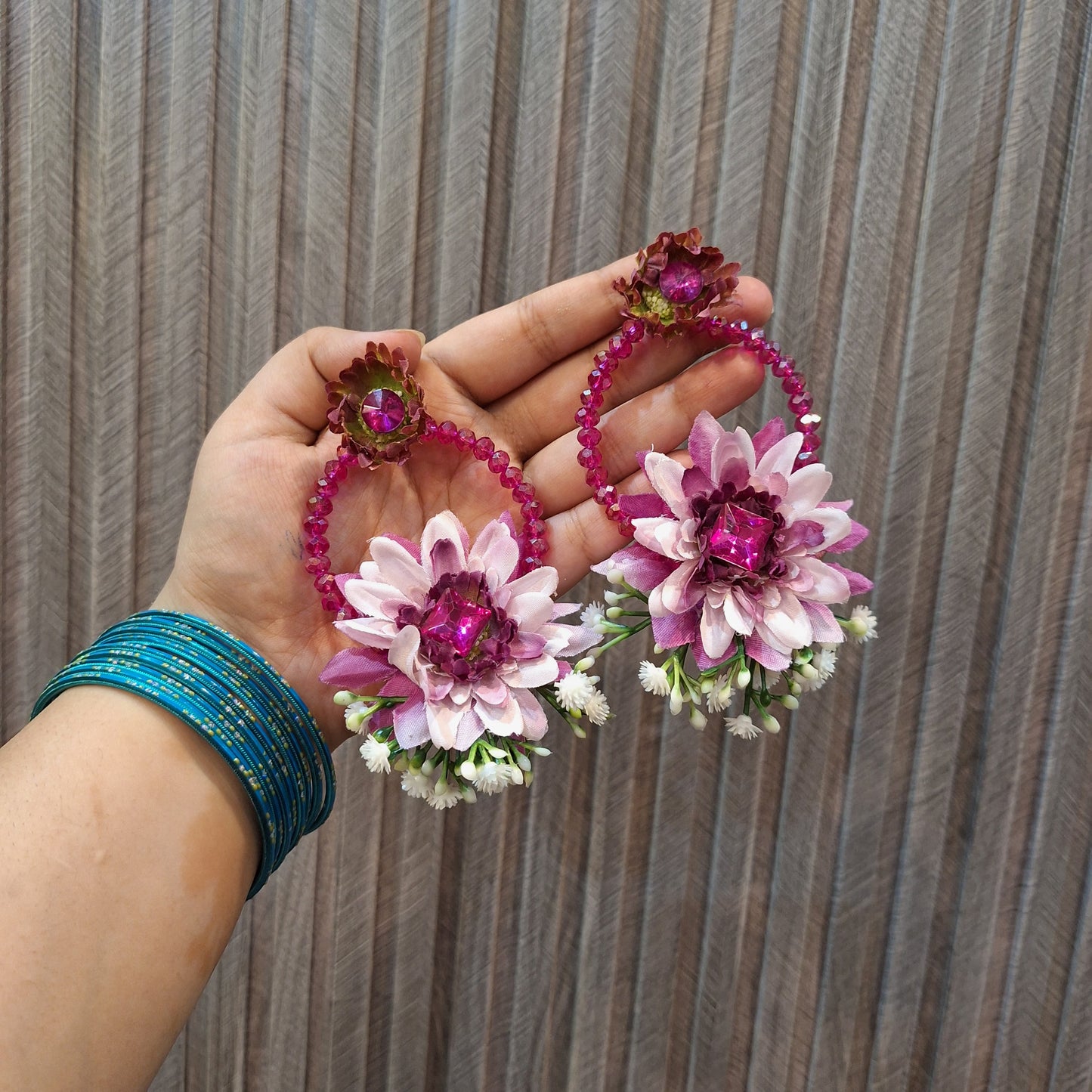 Handcrafted Pink Floral Hoop Earrings with Magenta Accents