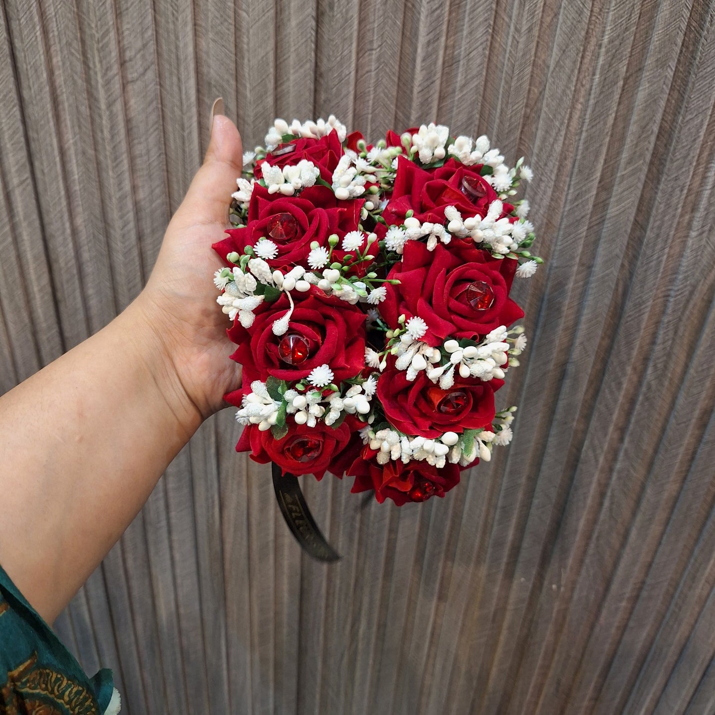 Elegant Crimson Rose & White Bud Floral Gajra (Pair)