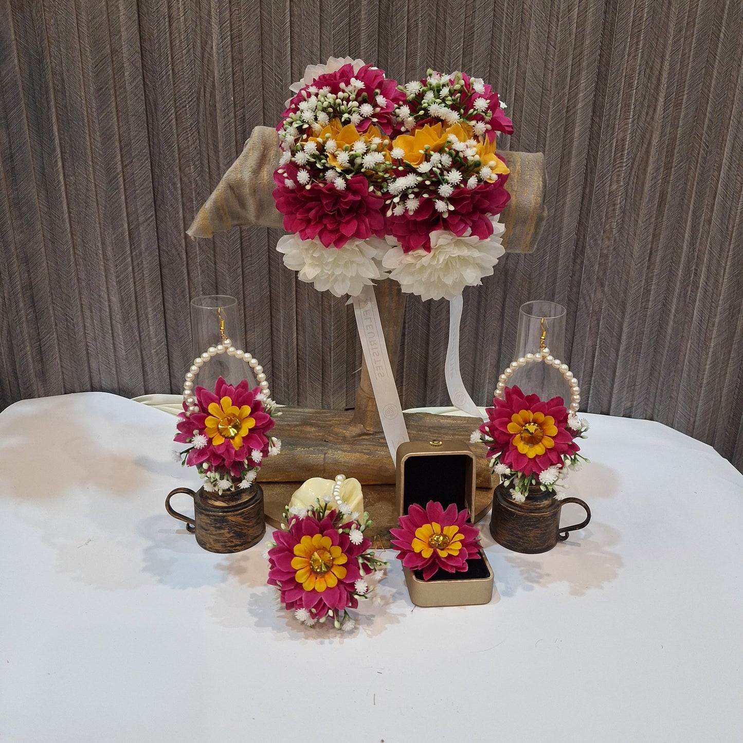 Handmade Pink and Yellow Floral Jewelry Set with Pearl Accents