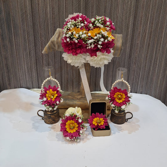 Handmade Pink and Yellow Floral Jewelry Set with Pearl Accents