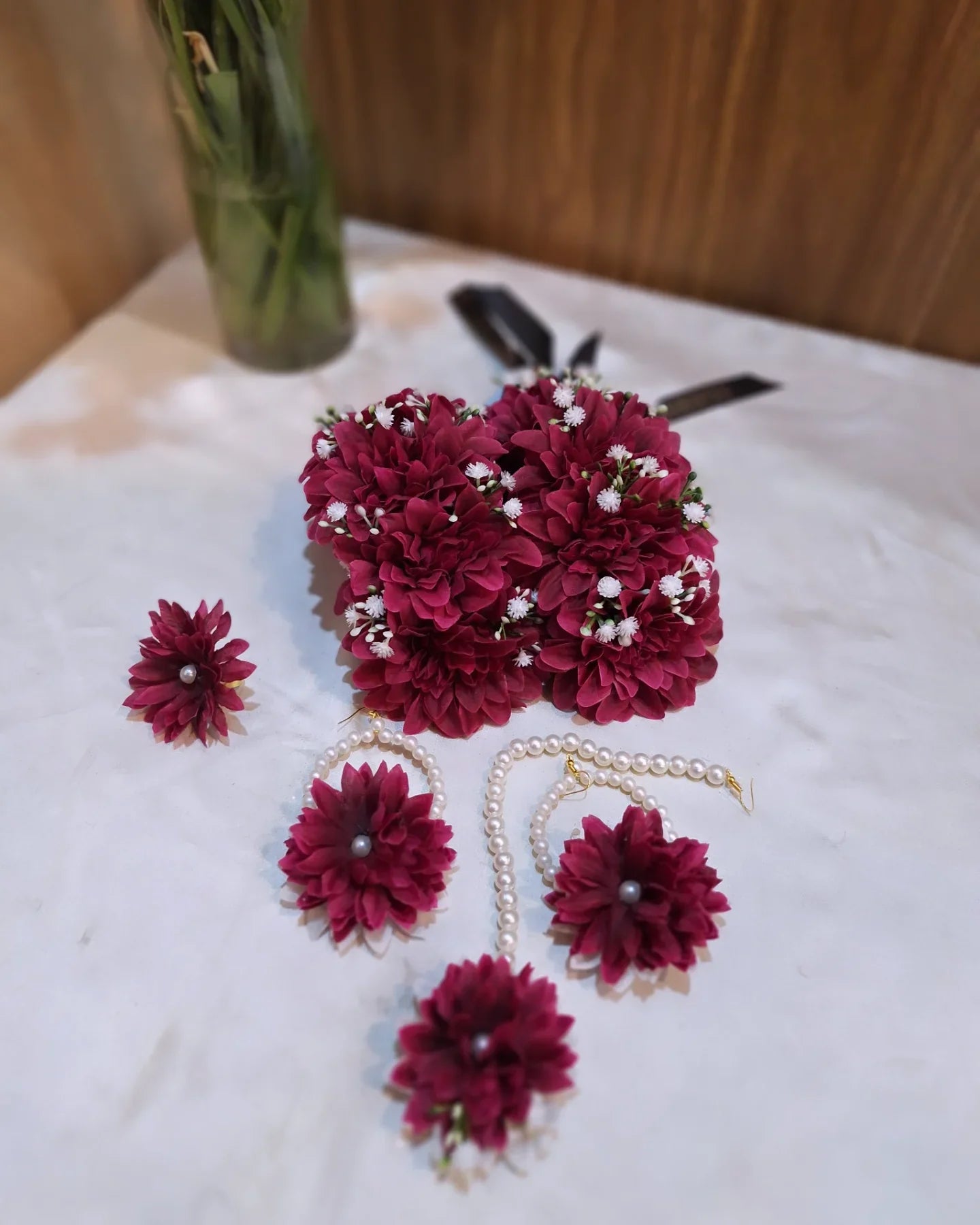 Handcrafted Maroon Floral Jewellery Set with Pearl Accents