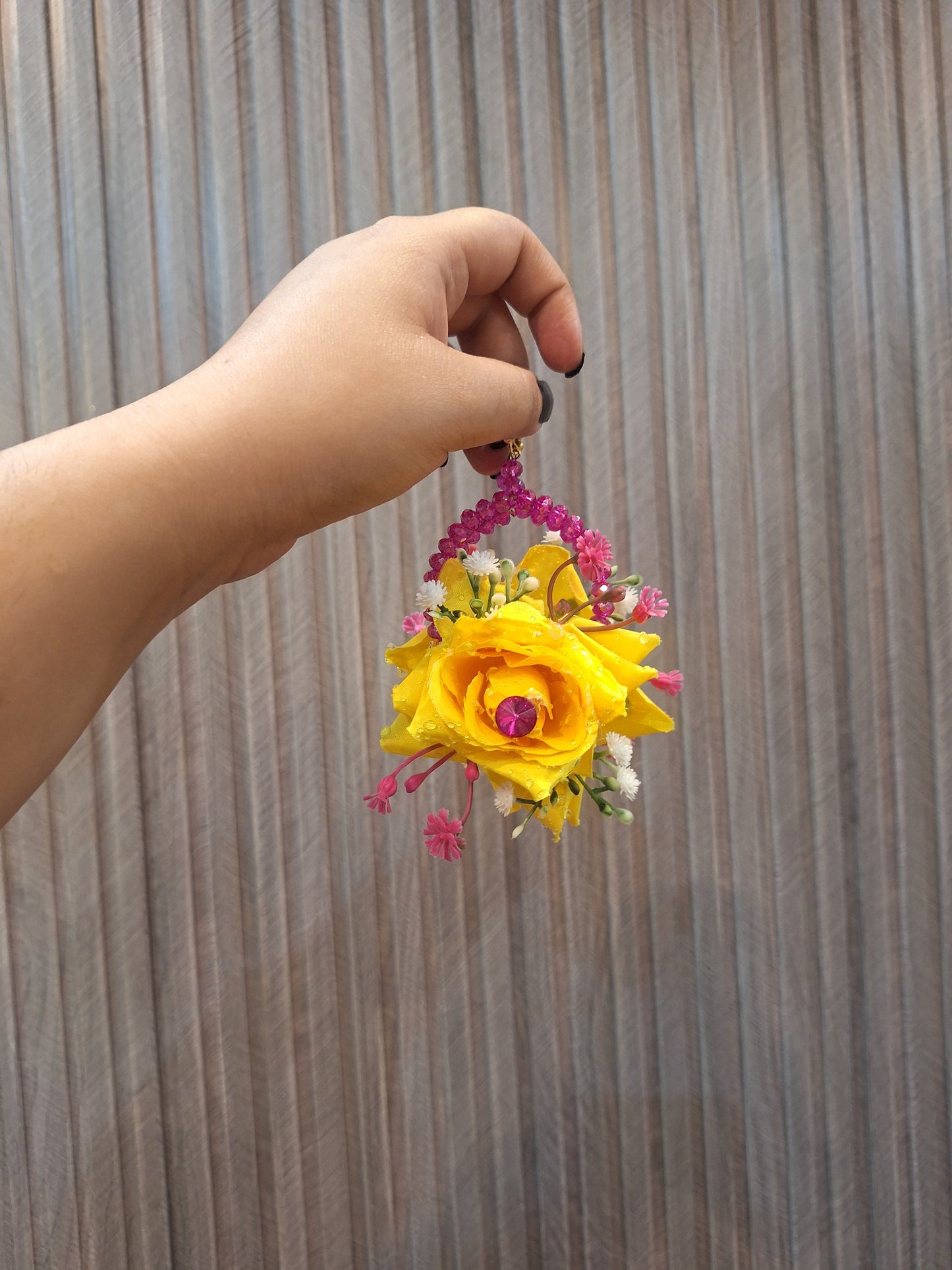 Vibrant Yellow Rose Hair Gajra with Purple Beaded Hangings