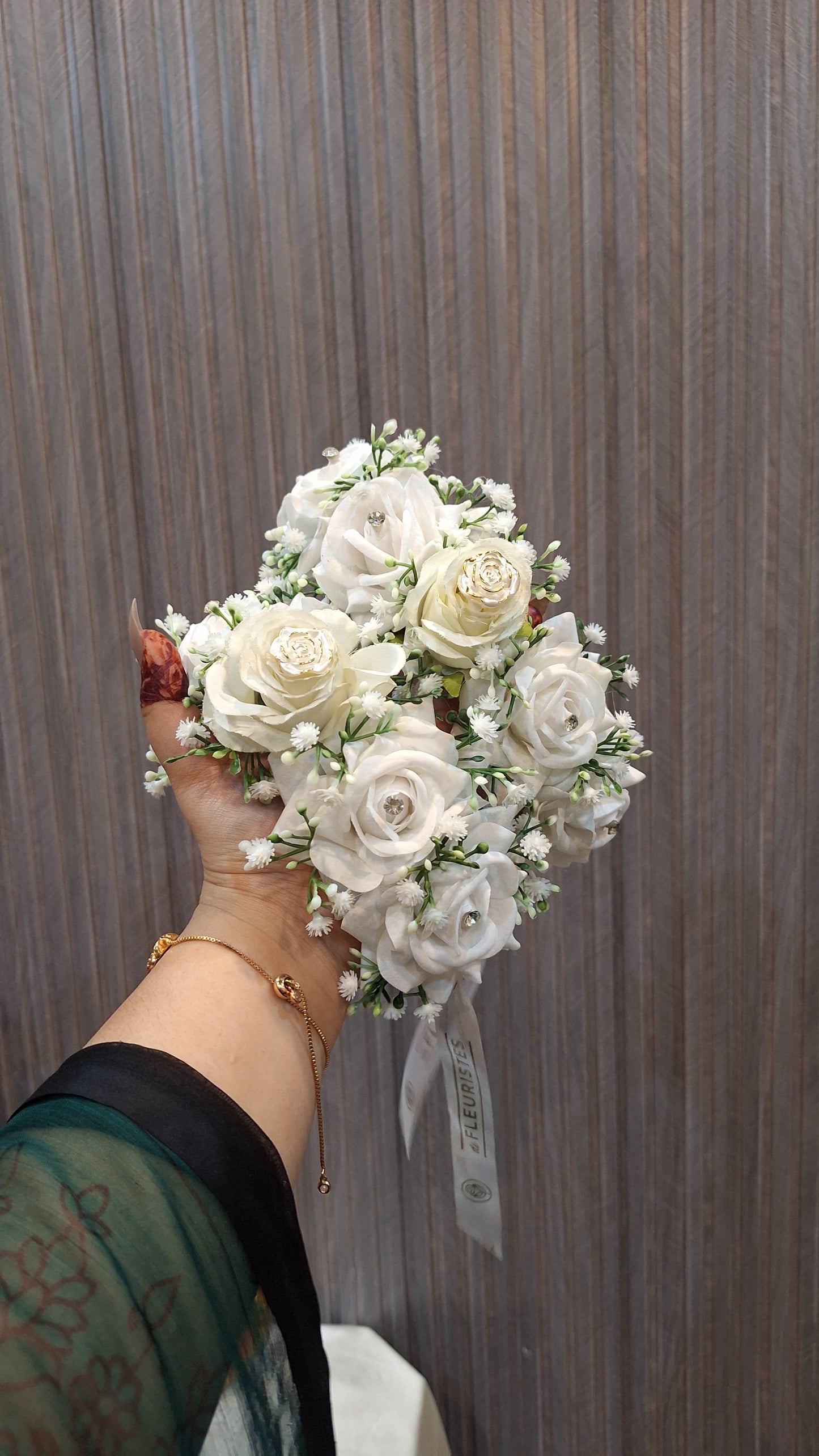 Elegant Ivory Rose & Baby’s Breath Bridal Hand Bouquet