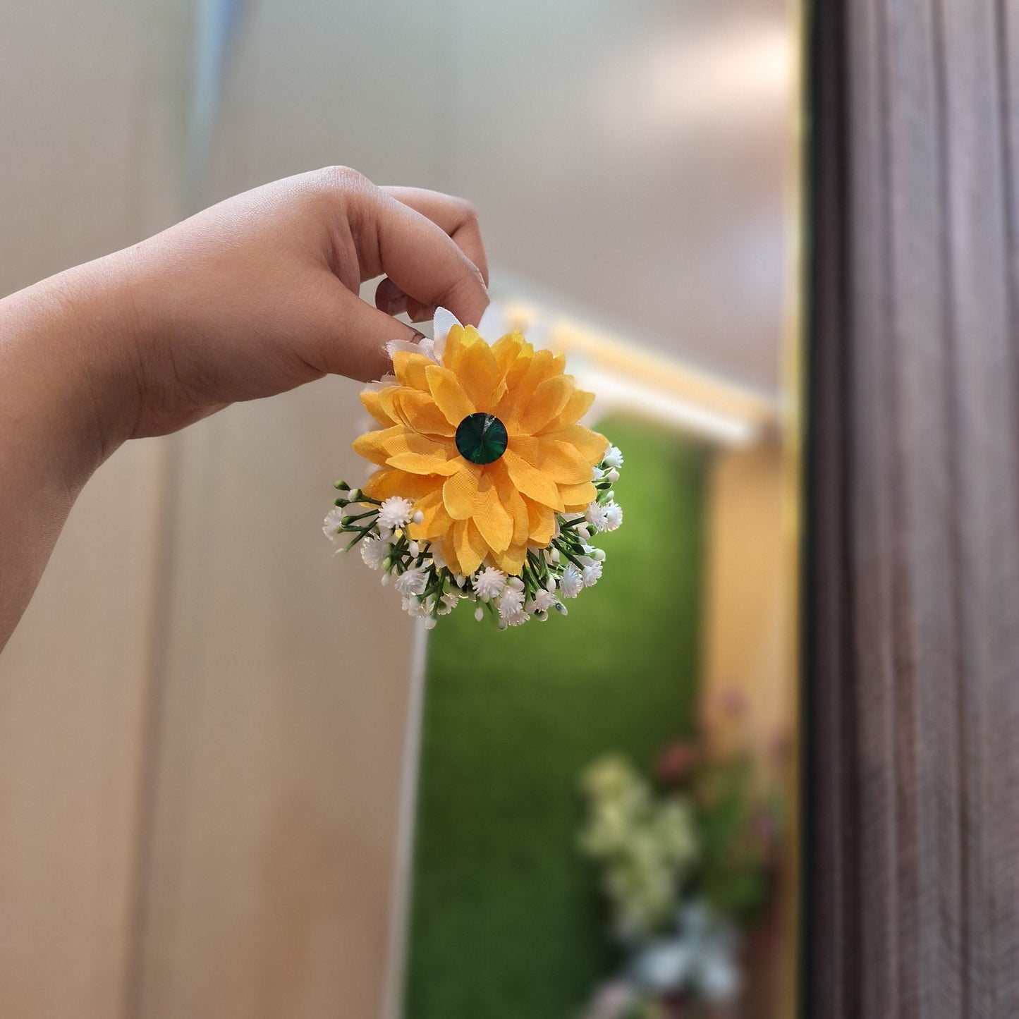 Vibrant Yellow Floral Gajra with Emerald Center