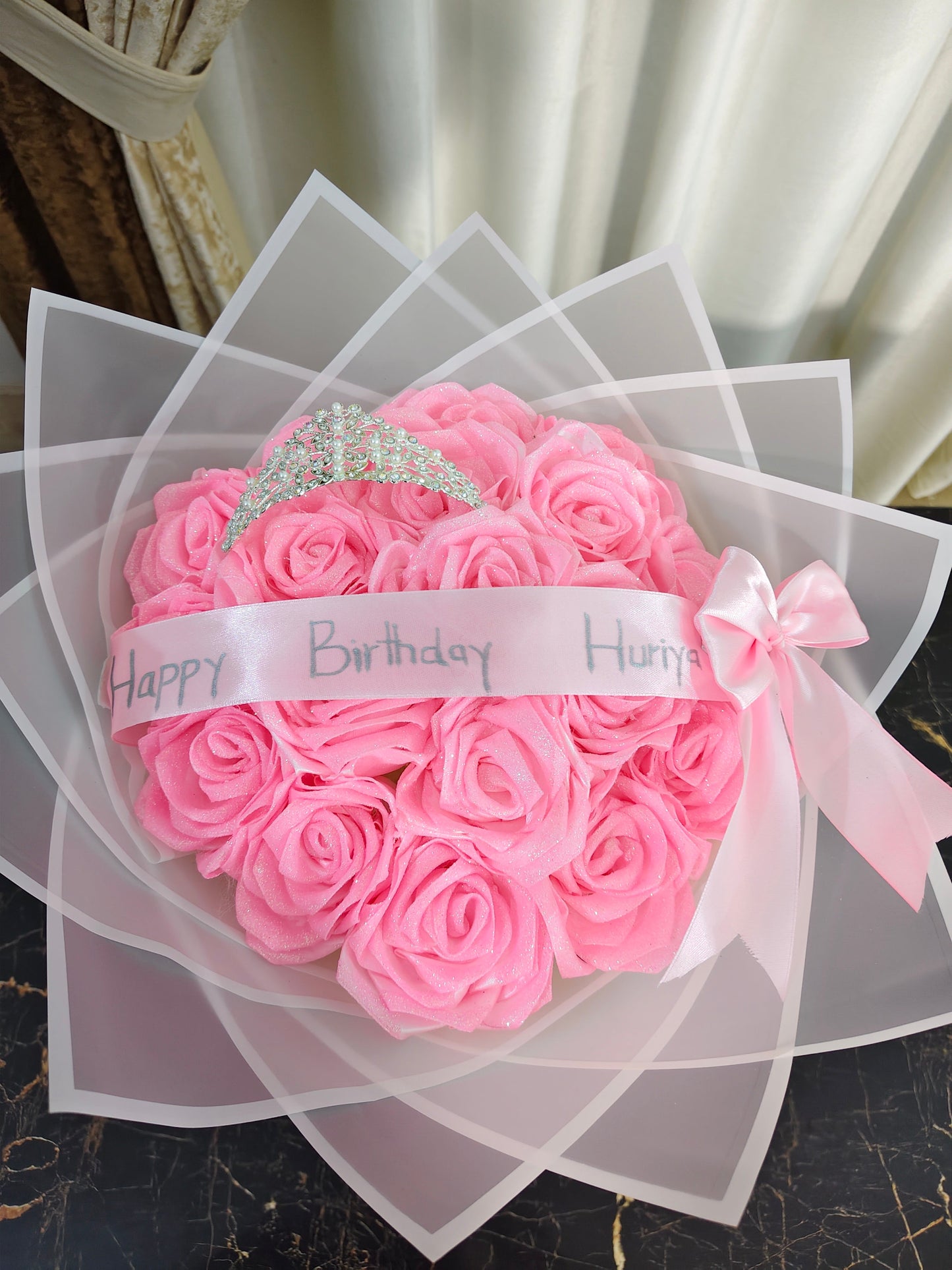 Sparkling Pink Rose Bouquet with Tiara – Happy Birthday Huriya