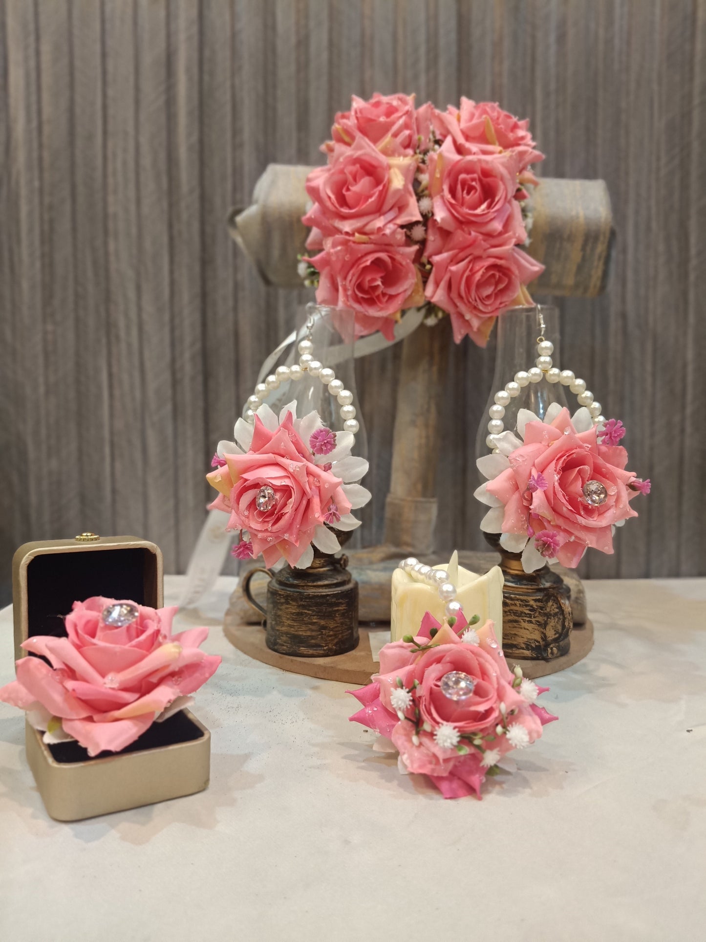 Elegant Pink Rose Floral Jewellery Set with Pearls & Crystals
